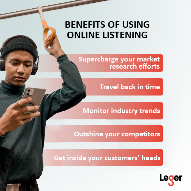 Graphic that shows the 5 benefits of online listening mentioned in the article