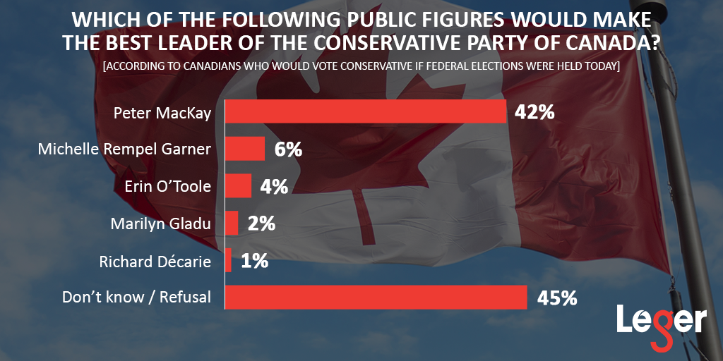42% of Canadians who would vote Conservative if federal elections were held today think Peter MacKay would make the best leader of the Conservative party