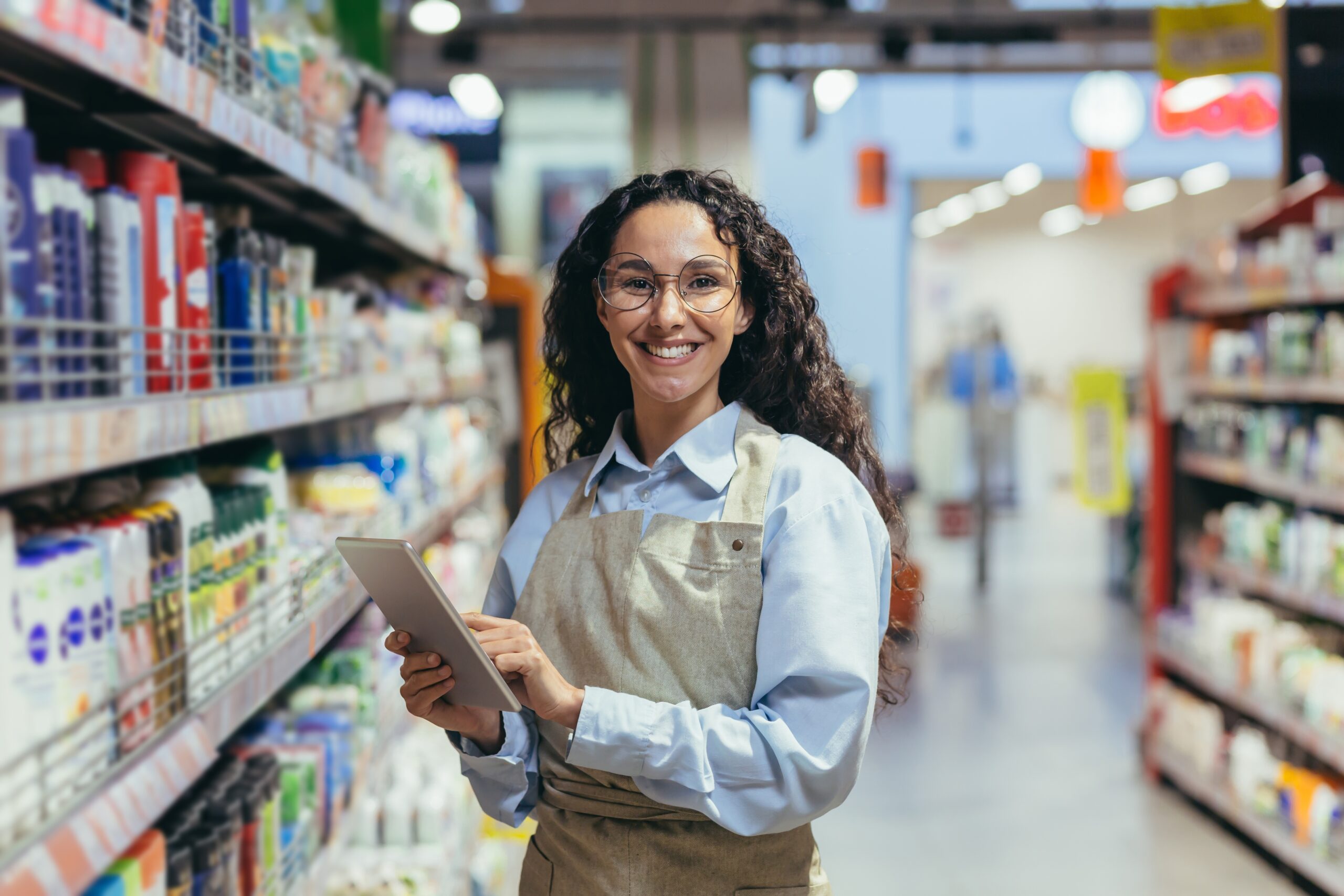 Employee at a grocery store smiling