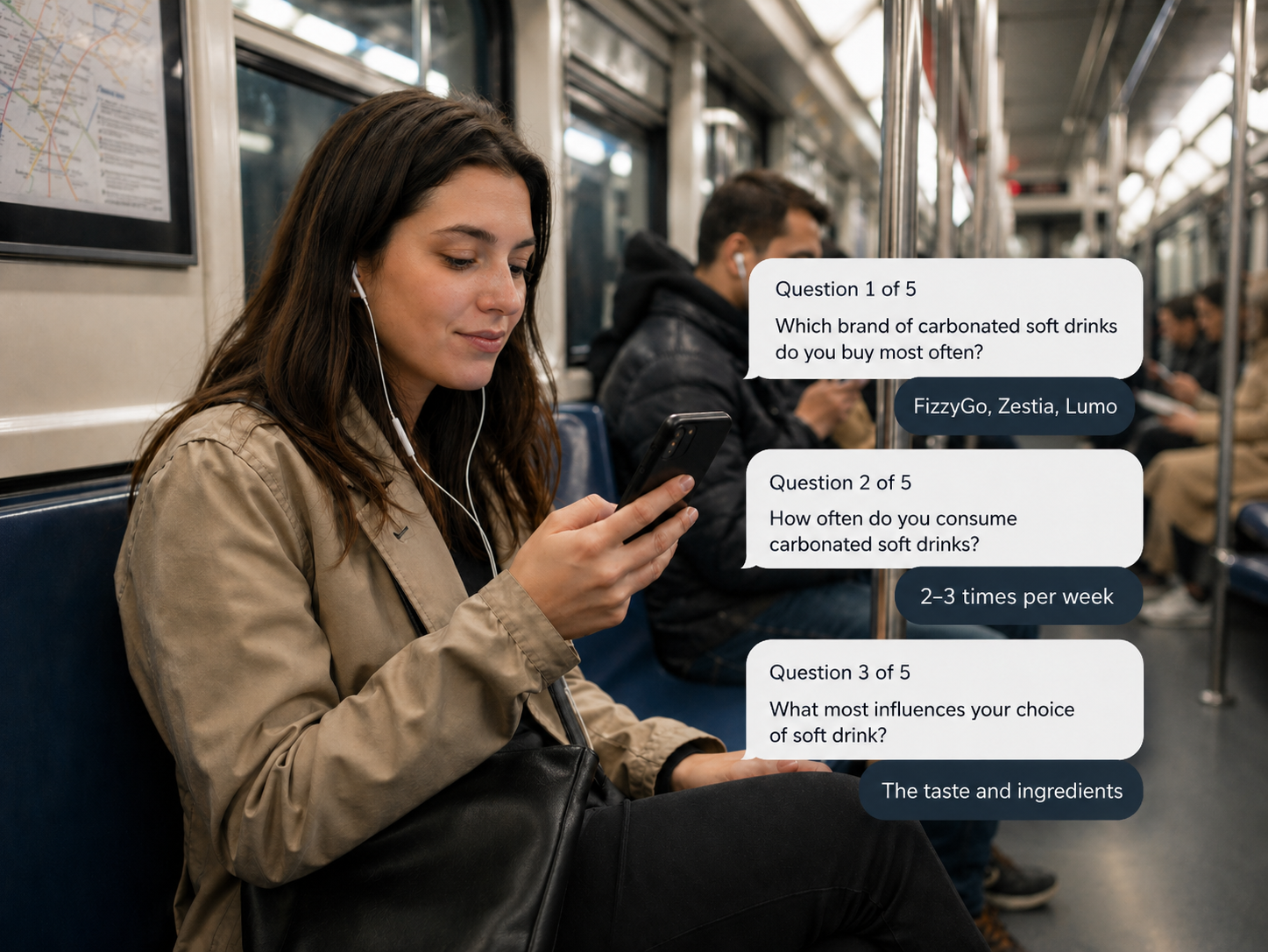 A person answering questions as part of a market survey during their commute