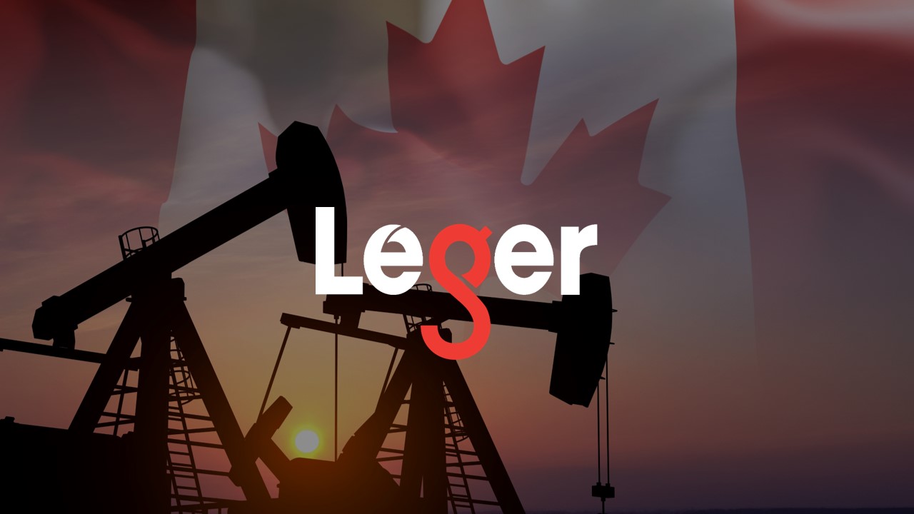 Opinion sur l'expansion énergétique Illustration du secteur pétrolier canadien montrant des pompes pétrolières silhouettées devant un drapeau du Canada, avec le logo de Léger au centre.