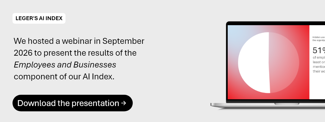 AI Index for Employees and Companies Presentation Promotional banner for Leger’s AI Index webinar, featuring text about the September 2026 presentation of the Employees and Businesses results, a “Download the presentation” button, and a laptop displaying AI Index data.