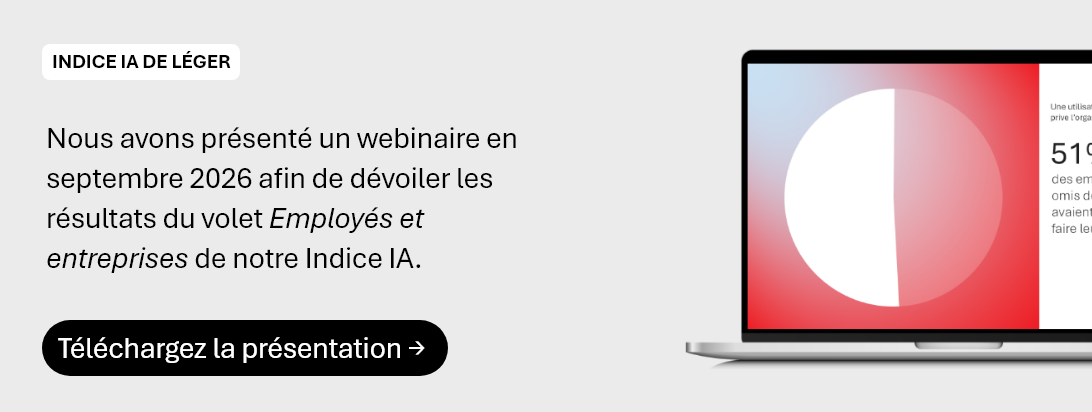 Présentation Indice IA Employés et entreprises Nous avons présenté un webinaire en septembre 2026 afin de dévoiler les résultats du volet Employés et entreprises de notre Indice IA. Téléchargez-la.